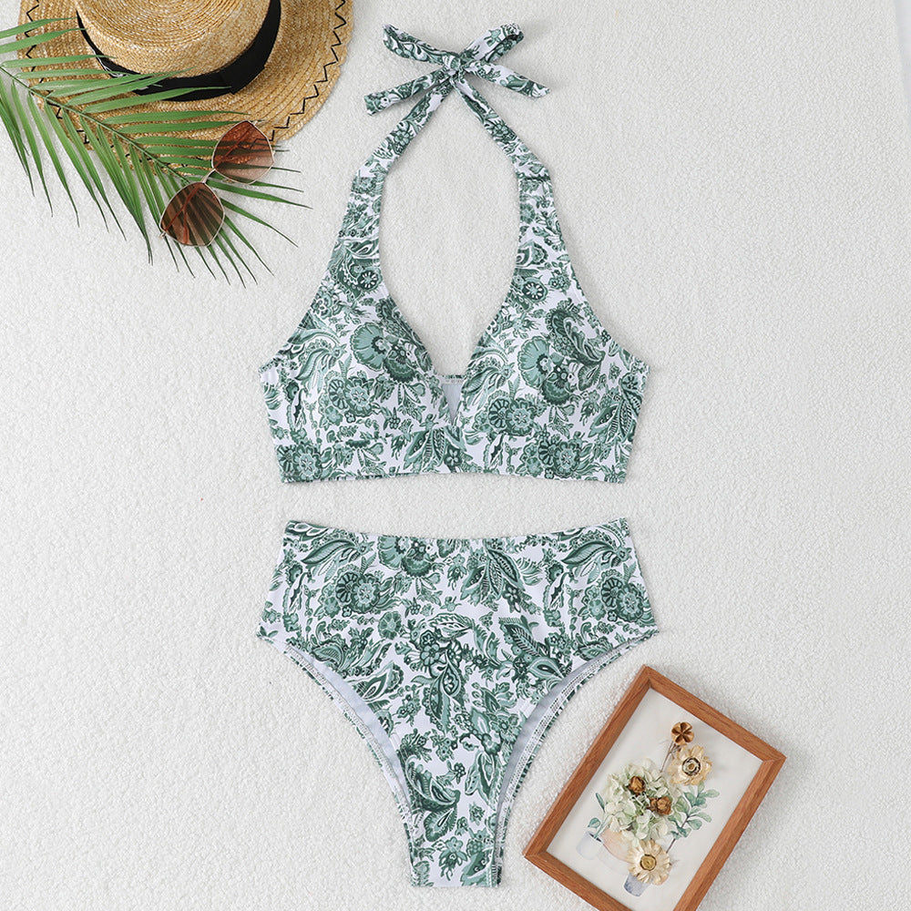 Women's High-Waisted Bikini Set with Floral Design and Playful Halter Top Mune Fashion