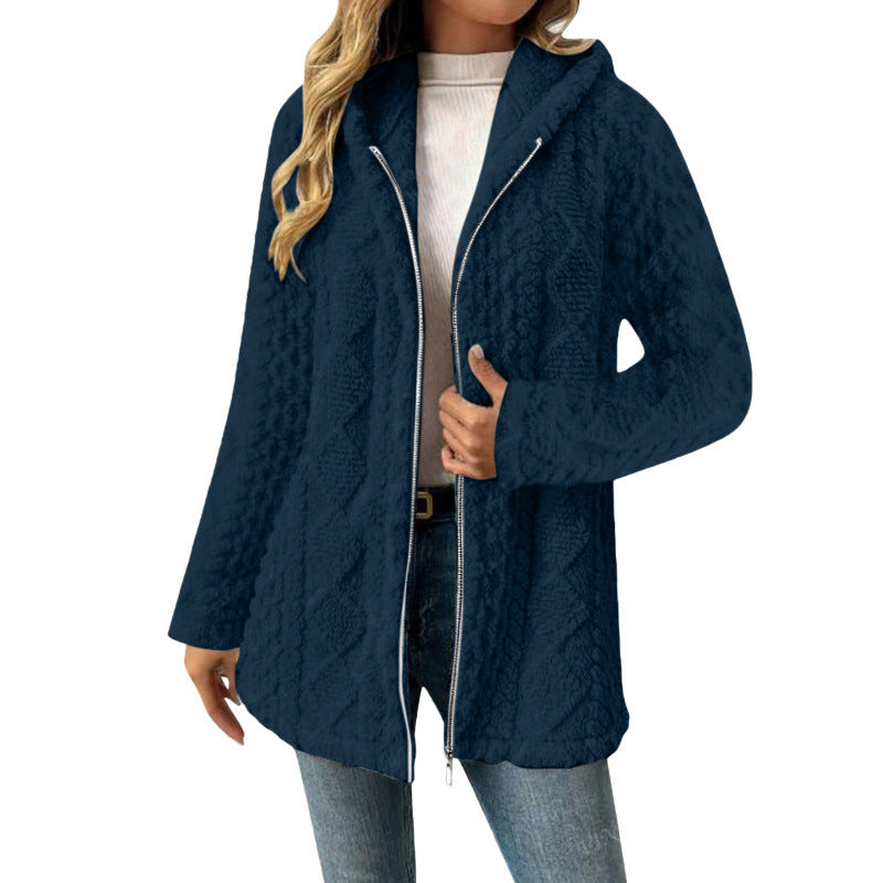 Women's Hooded Sherpa Jacket with Cable Pattern, Medium Length and Two-Way Zipper Mune Fashion