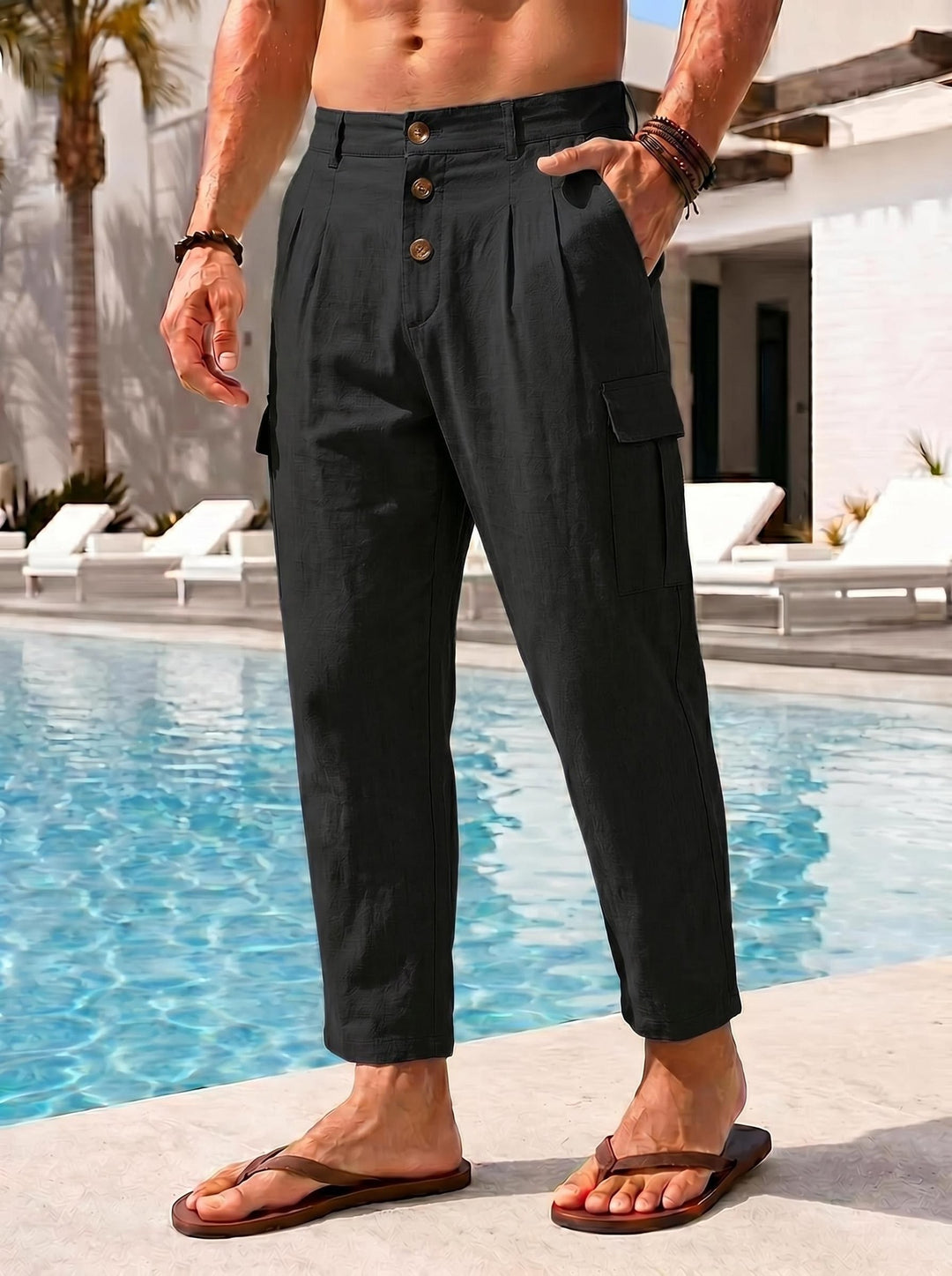 Men's casual linen cargo chino with button placket, pleats, and cropped ankle length Mune Fashion