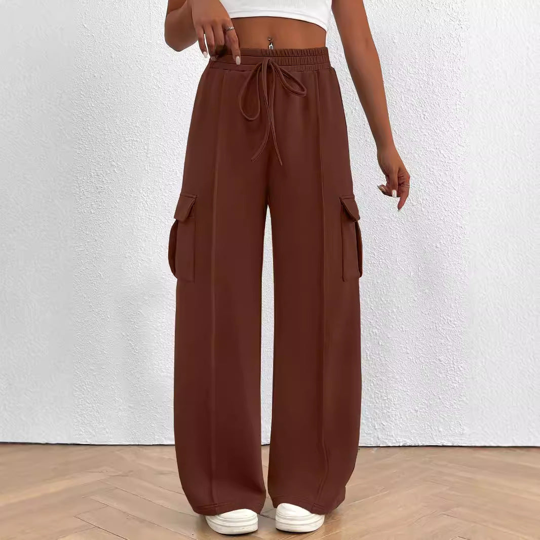 Women Wide Cargo Lounge Pants with Drawstring Waist and Flap Pockets Mune Fashion