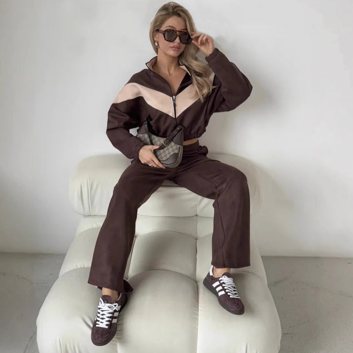 Women's cropped zip jacket and wide track pants with contrasting side stripe Mune Fashion