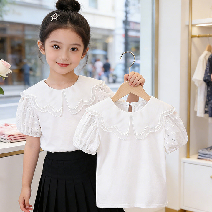Girls fashionable T-shirt with embroidered collar and puff sleeves Mune Fashion