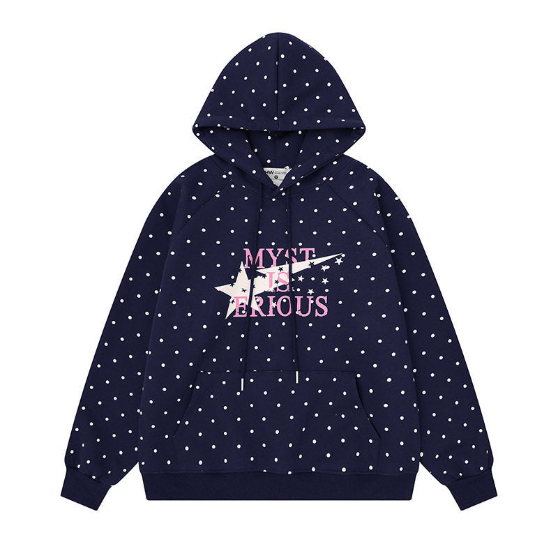 Women's oversized hoodie with allover polka dots, kangaroo pocket and star graphic Mune Fashion