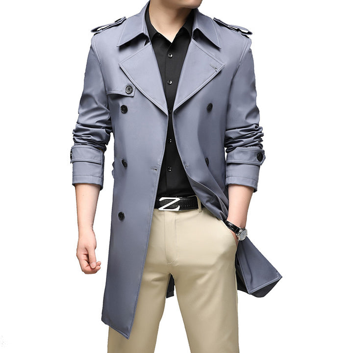 Men's Long Slim-Fit Double-Breasted Trench Coat with Epaulettes and Waist Belt Mune Fashion