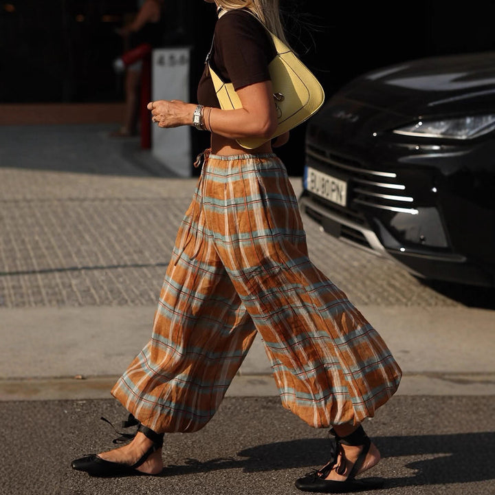 Women wide plaid harem pants with elastic waistband, drawstring & gathered ankle cuffs Mune Fashion