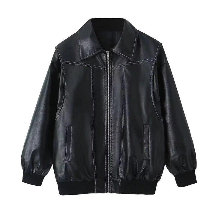 Women's fitted faux leather bomber jacket with contrast quilting and zipper Mune Fashion
