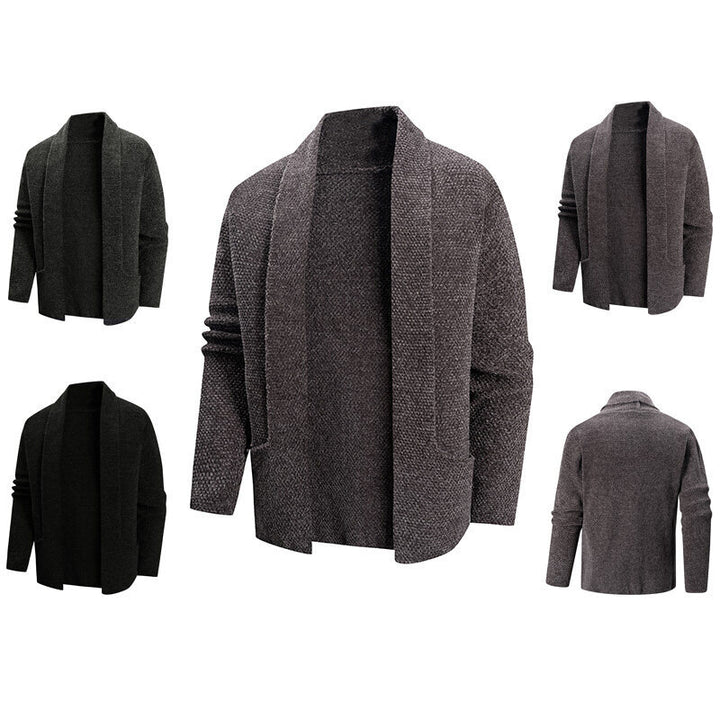 Men's open knit coat with wide falling shawl collar and patch hip pockets Mune Fashion