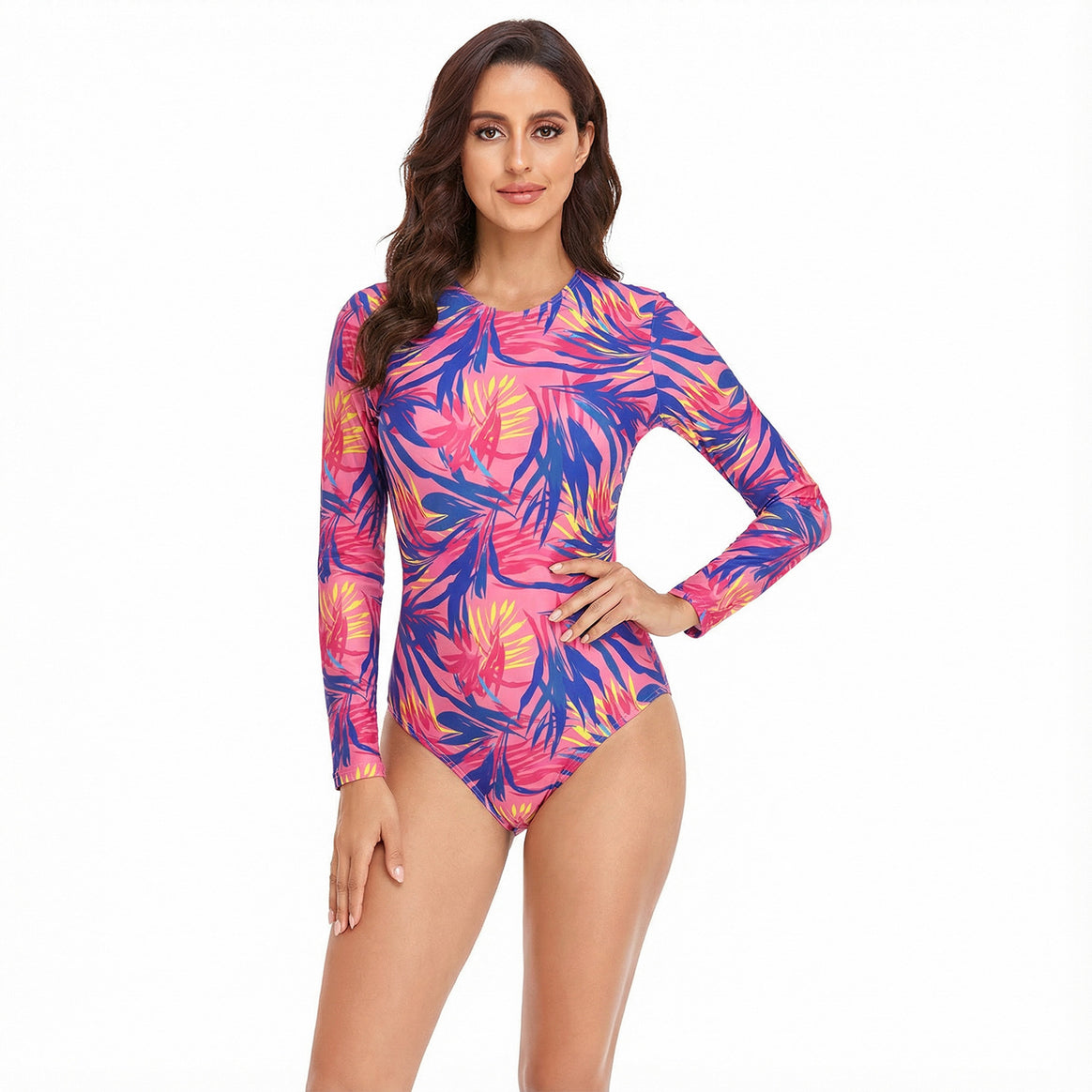 Ladies Sporty Long Sleeve Swimsuit with Tropical Pattern Mune Fashion