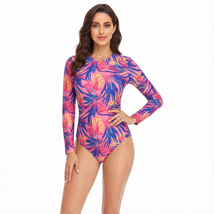 Ladies Sporty Long Sleeve Swimsuit with Tropical Pattern Mune Fashion