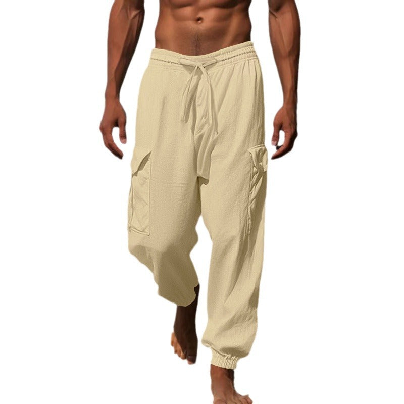 Men's airy linen blend beach pants with cargo pockets and elastic hem Mune Fashion