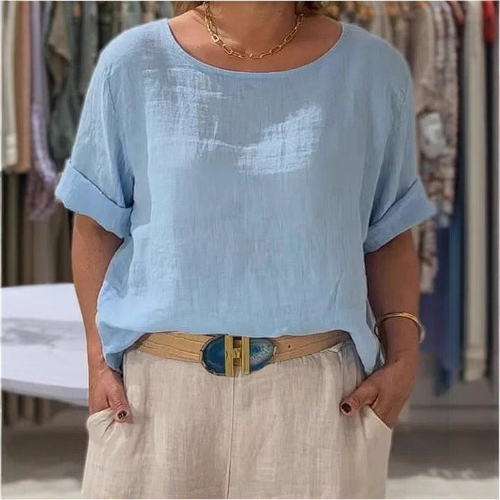 Women Lightweight Linen Blouse with Turned-up Sleeves Mune Fashion