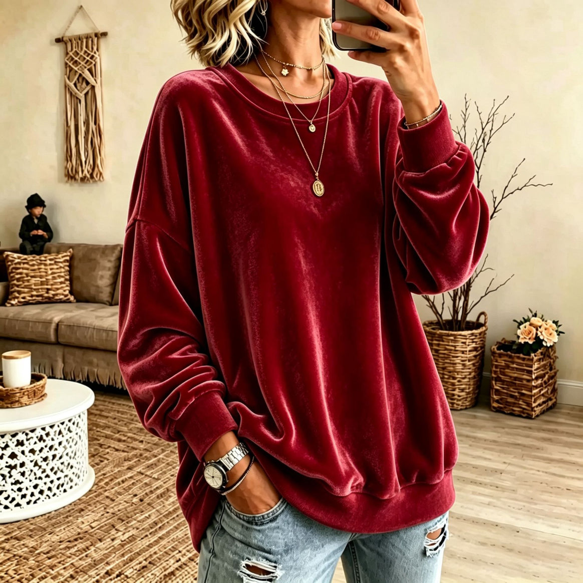 Women Oversized Velvet Sweater with Loose Fit and Ribbed Hem Mune Fashion