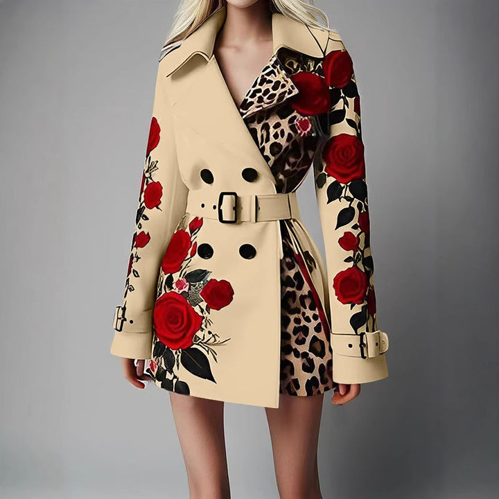 Women Tailored Trench Coat with Rose Print and Leopard Lining Mune Fashion
