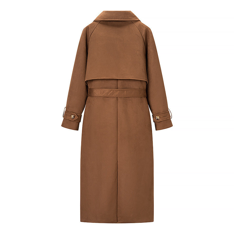 Women's long coat in trench coat style with double-breasted tie belt and shawl collar Mune Fashion
