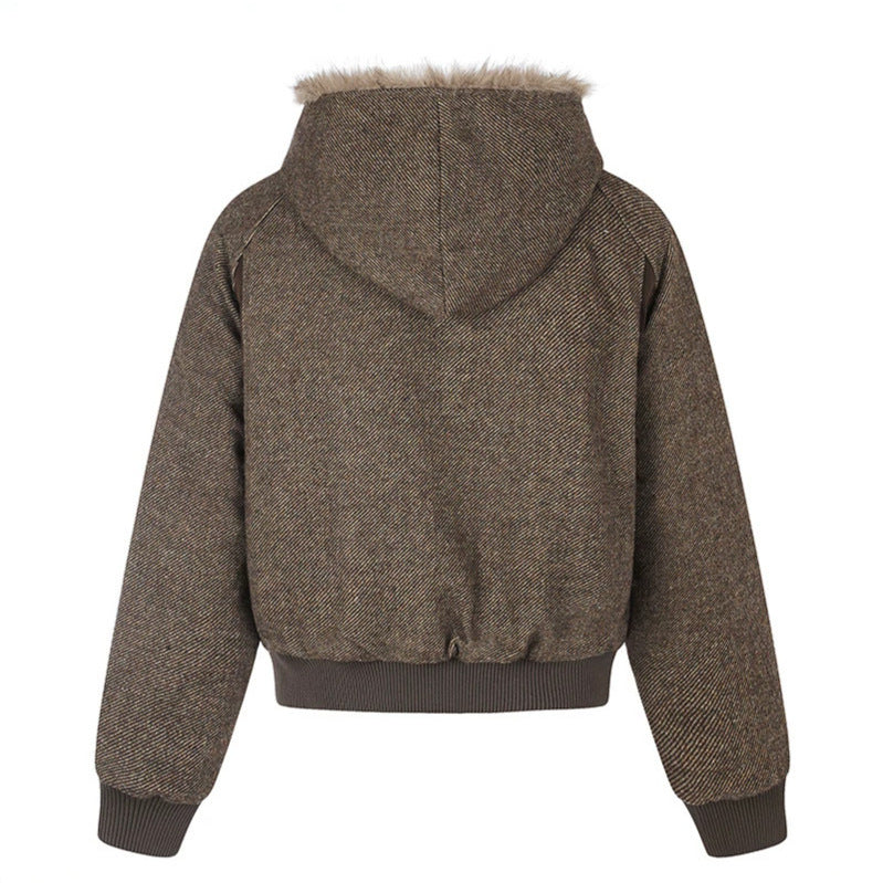 Women's hooded bomber jacket with faux fur lining, asymmetrical multi-button placket, and ribbed hem Mune Fashion