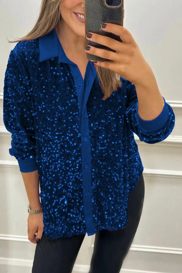 Women's shimmering sequin shirt blouse with collar, button placket, and elastic cuffs Mune Fashion