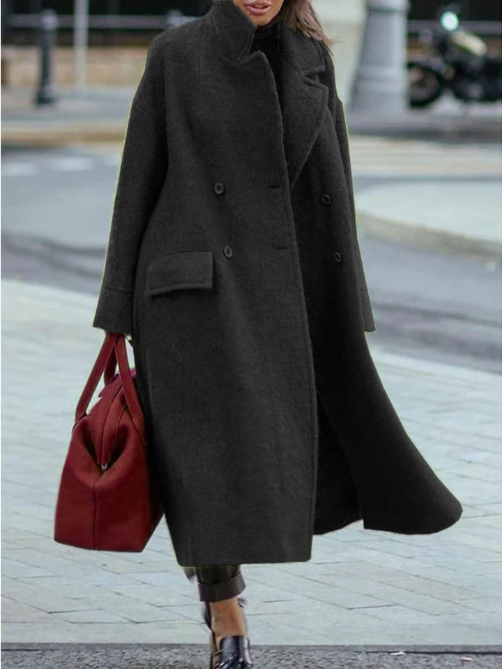 Ladies nan cape-like double-breasted wool coat with a wide fall, high stand-up collar, and flap pockets Mune Fashion