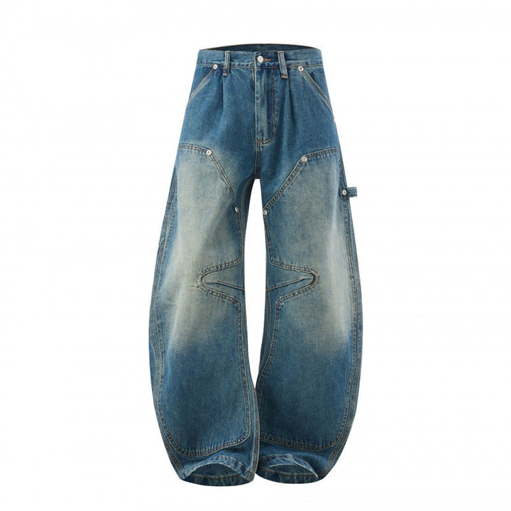 Women's Wide Denim Carpenter Pants with Balloon Legs and Reinforced Knee Panels Mune Fashion