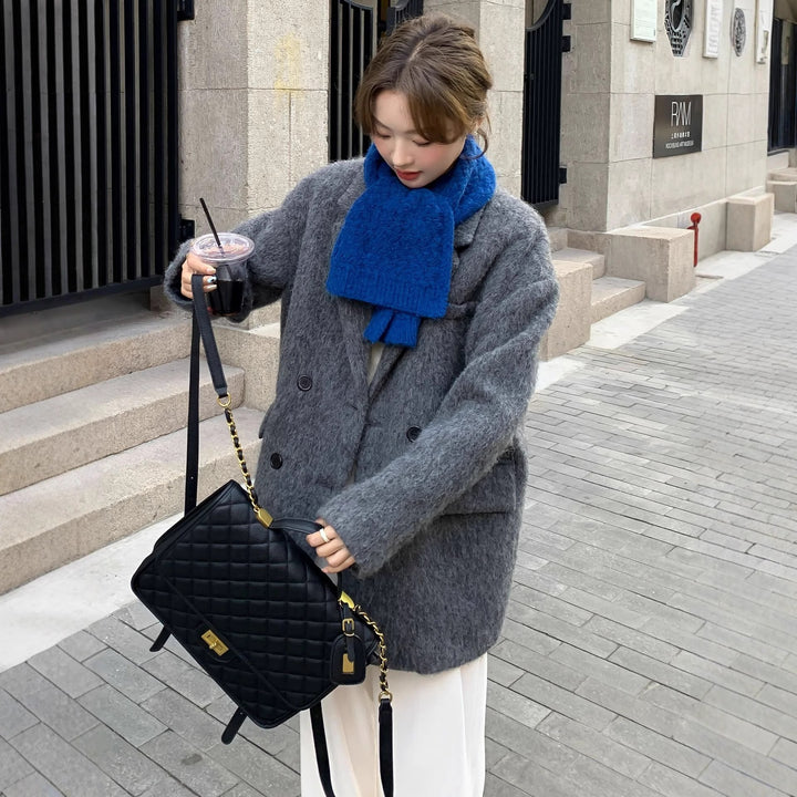 Women Chunky Knit Wool Blend Long Coat with Oversized Silhouette and Double-Breasted Button Placket Mune Fashion