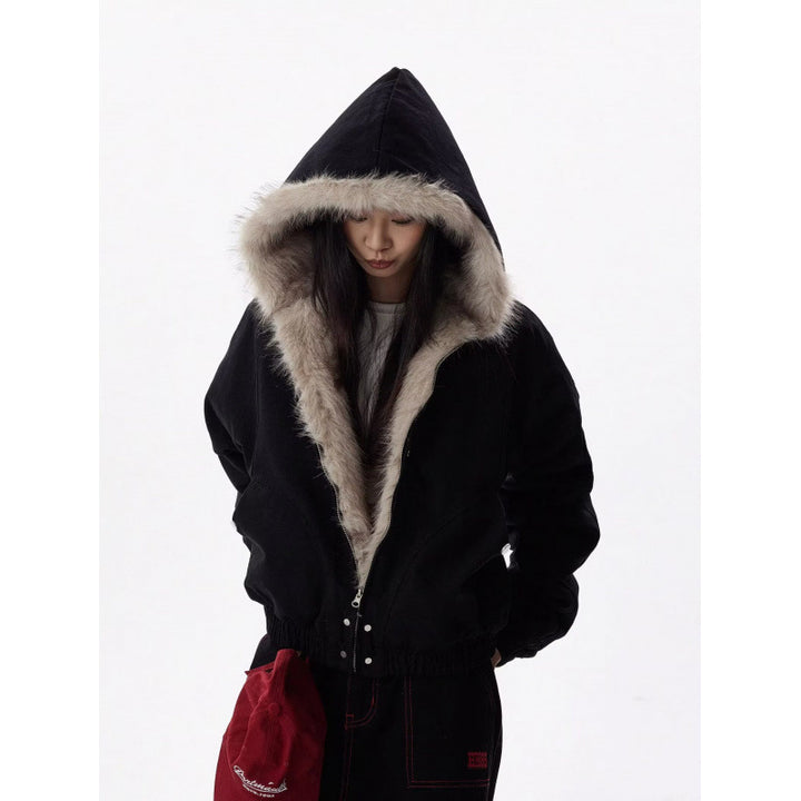 Women Short Cut Quilted Bomber Jacket with Hood and Faux Fur Collar Mune Fashion