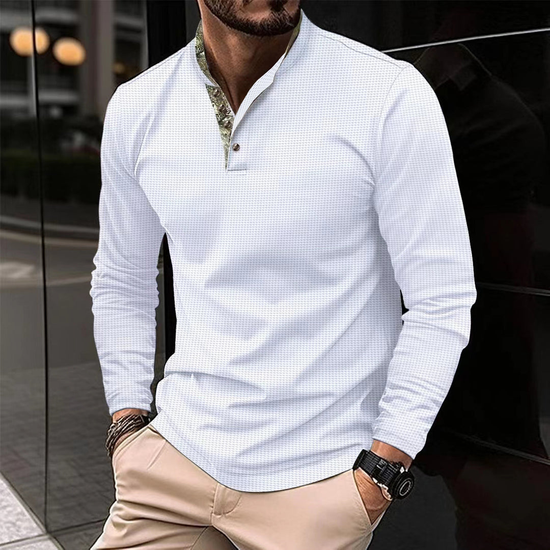 Men's long-sleeved Henley polo shirt with stand-up collar, fine texture, and patterned inner collar Mune Fashion