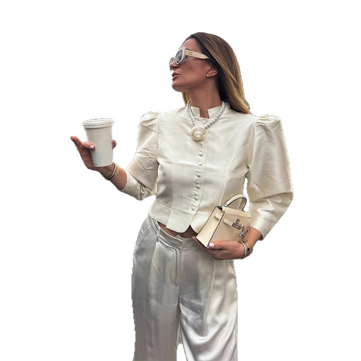 Women Tailored Satin Bolero Jacket with Stand-up Collar & Emphasized Puff Sleeves Mune Fashion