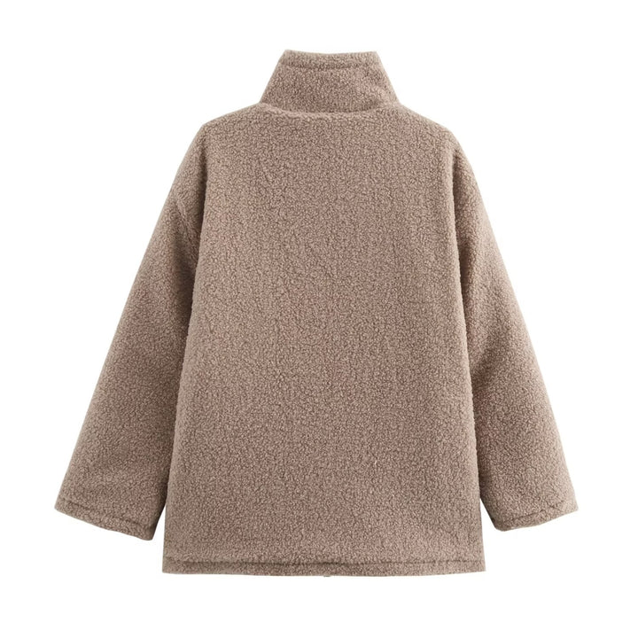 Women Teddy Fleece Jacket with Stand-Up Collar, Zipper and Contrast Stripes Mune Fashion