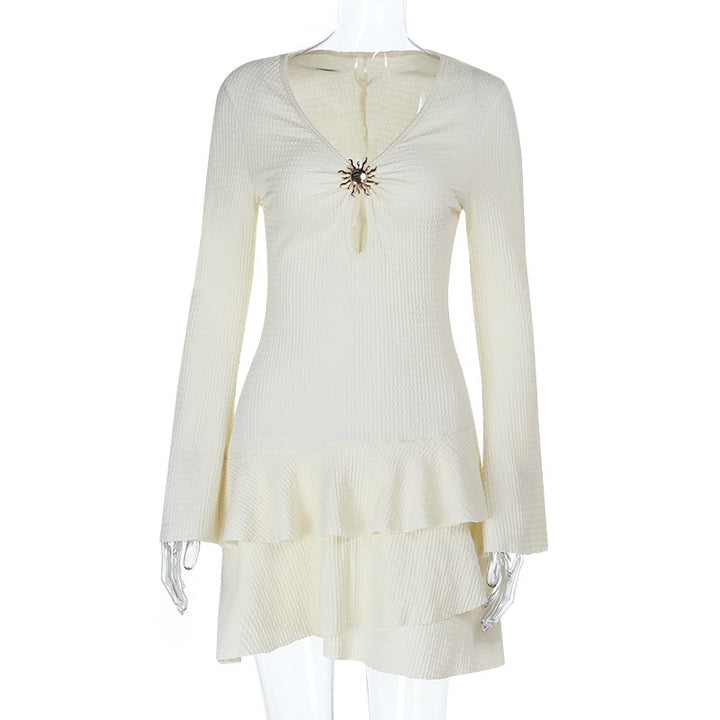Women Structured Ruffle Mini Dress with V-Neck, Keyhole and Decorative Brooch Mune Fashion