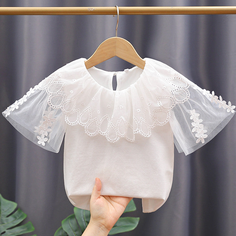 Girl's blouse with floral embroidery and tulle sleeves Mune Fashion