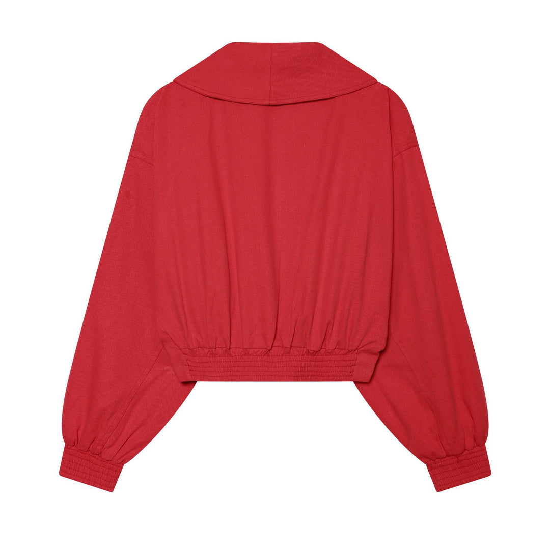 Women short wrap jacket with large shawl collar, belted waist and balloon sleeves Mune Fashion