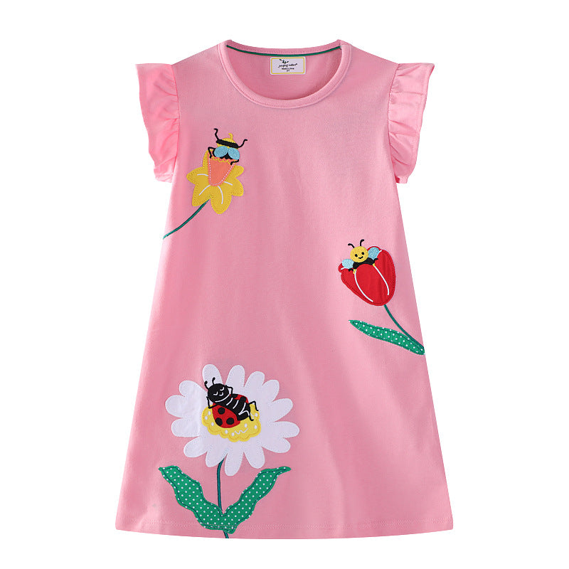 Girl cotton dress with cheerful flower and insect motif Mune Fashion