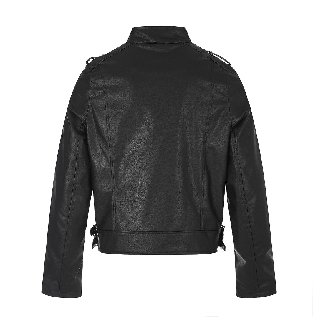 Men's biker leather jacket in military style with studs, stand-up collar and waist belt Mune Fashion