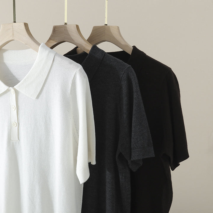 Women's Short Sleeve Fine Knit Polo Shirt with Button Placket Mune Fashion