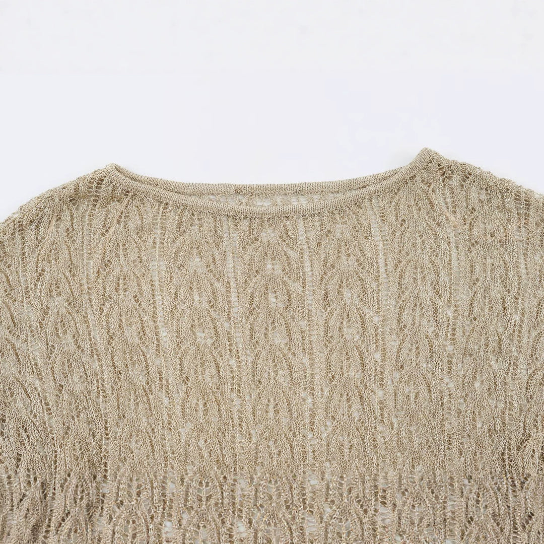 Women's Oversize Crochet Poncho with Wavy Edge and Drawstring Waist Mune Fashion