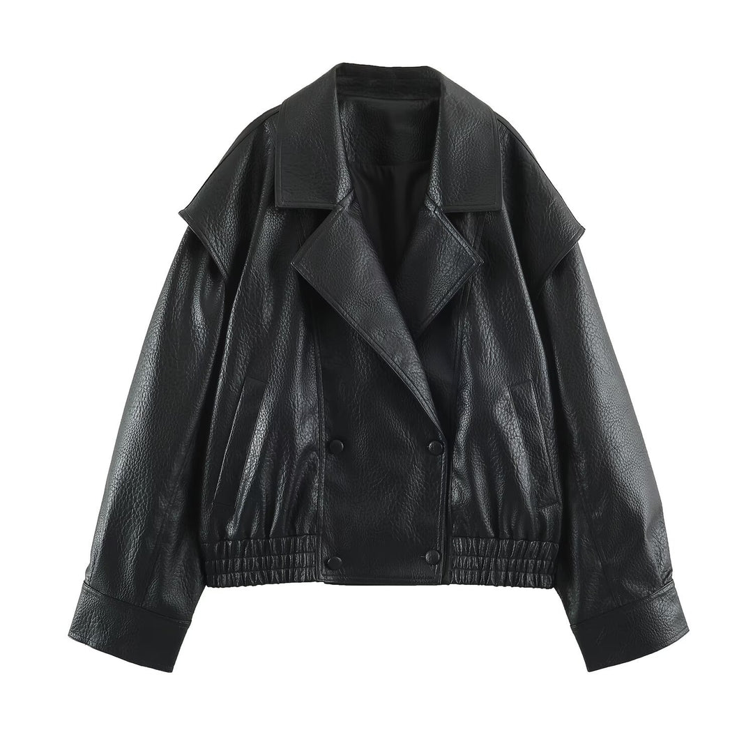 Ladies Oversized Faux Leather Jacket with Double Breasted, Wide Lapels and Elastic Hem Mune Fashion