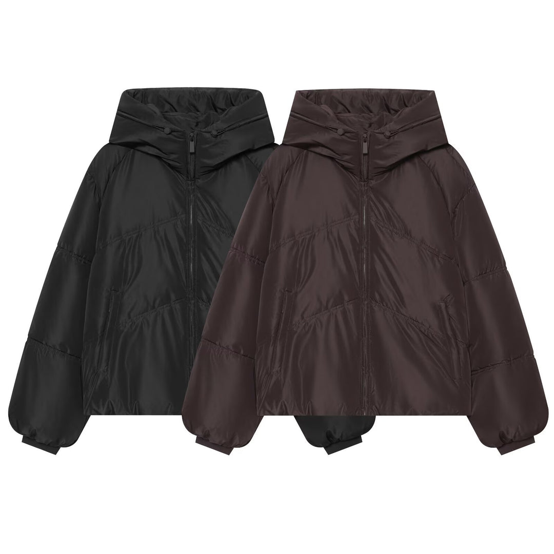 Women Short Cut Padded Oversize Quilted Jacket with High Stand-Up Collar and Hood Mune Fashion