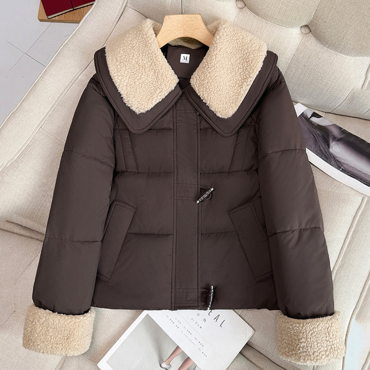 Women's short padded quilted jacket with voluminous teddy collar and rolled teddy cuffs Mune Fashion