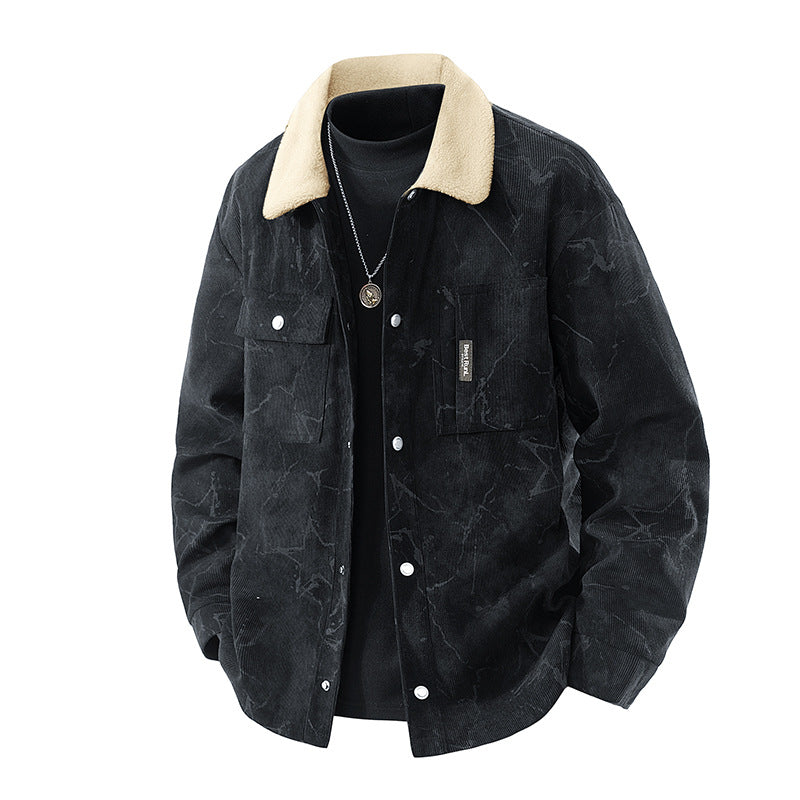 Men's  marbled corduroy sherpa-collar overshirt jacket with flap chest pockets Mune Fashion