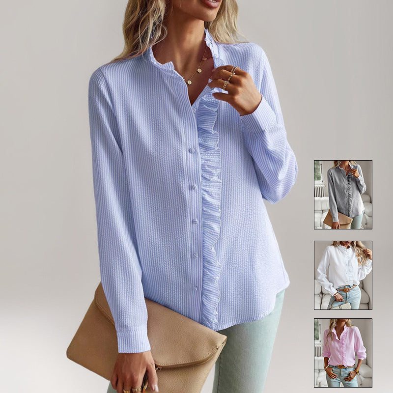 Women's nano structured blouse with ruffle button placket and stand-up collar Mune Fashion