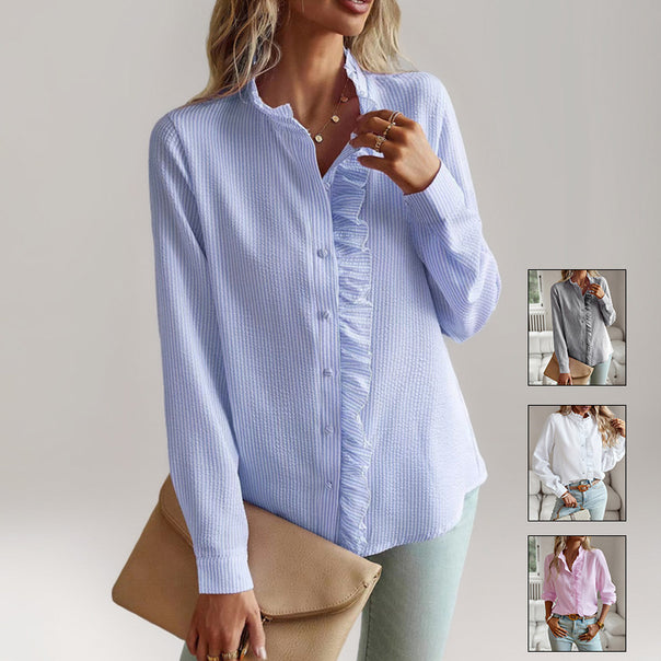 Women's nano structured blouse with ruffle button placket and stand-up collar Mune Fashion