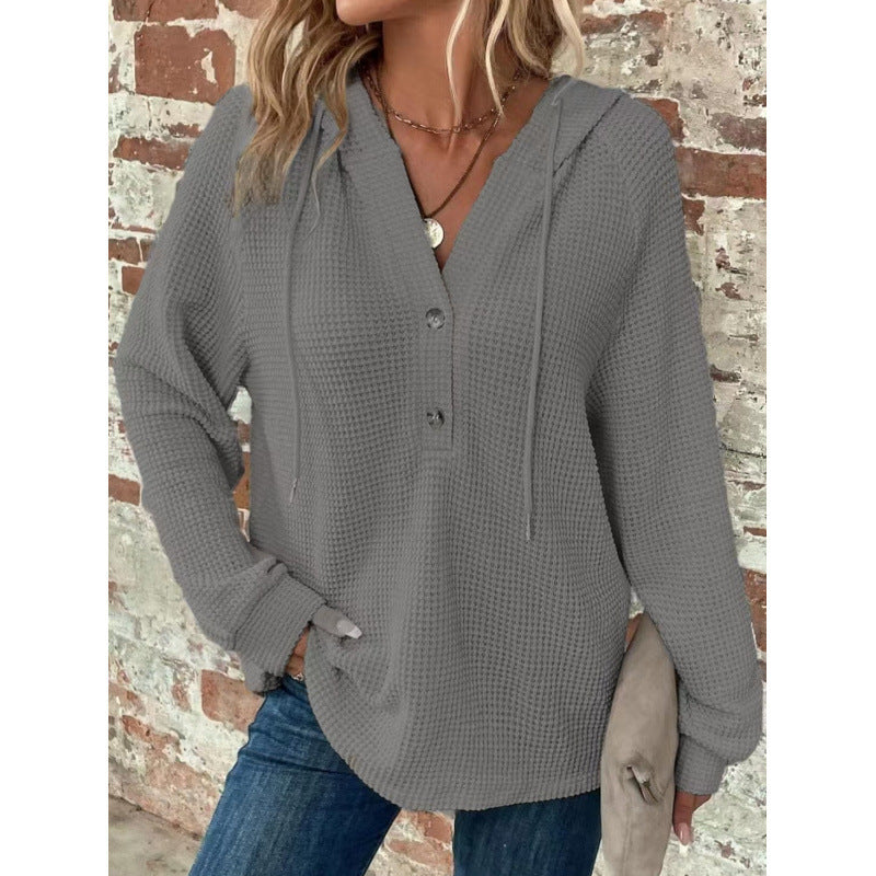 Women Waffle Knit Hoodie with Henley Button Placket and Oversized Cut Mune Fashion
