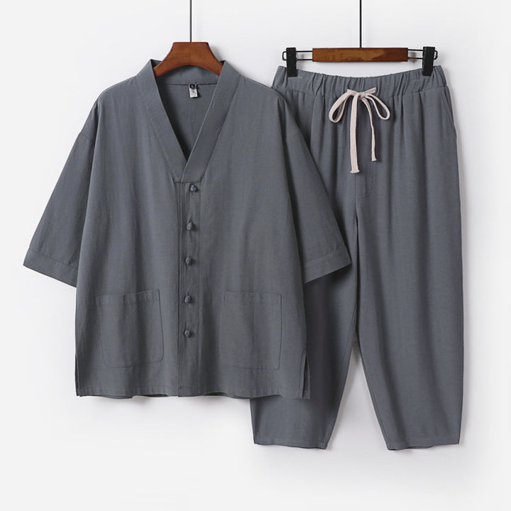 Unisex Lightweight Kimono Lounge Set made of Cotton-Linen with Short Sleeve Jacket and Drawstring Pants Mune Fashion
