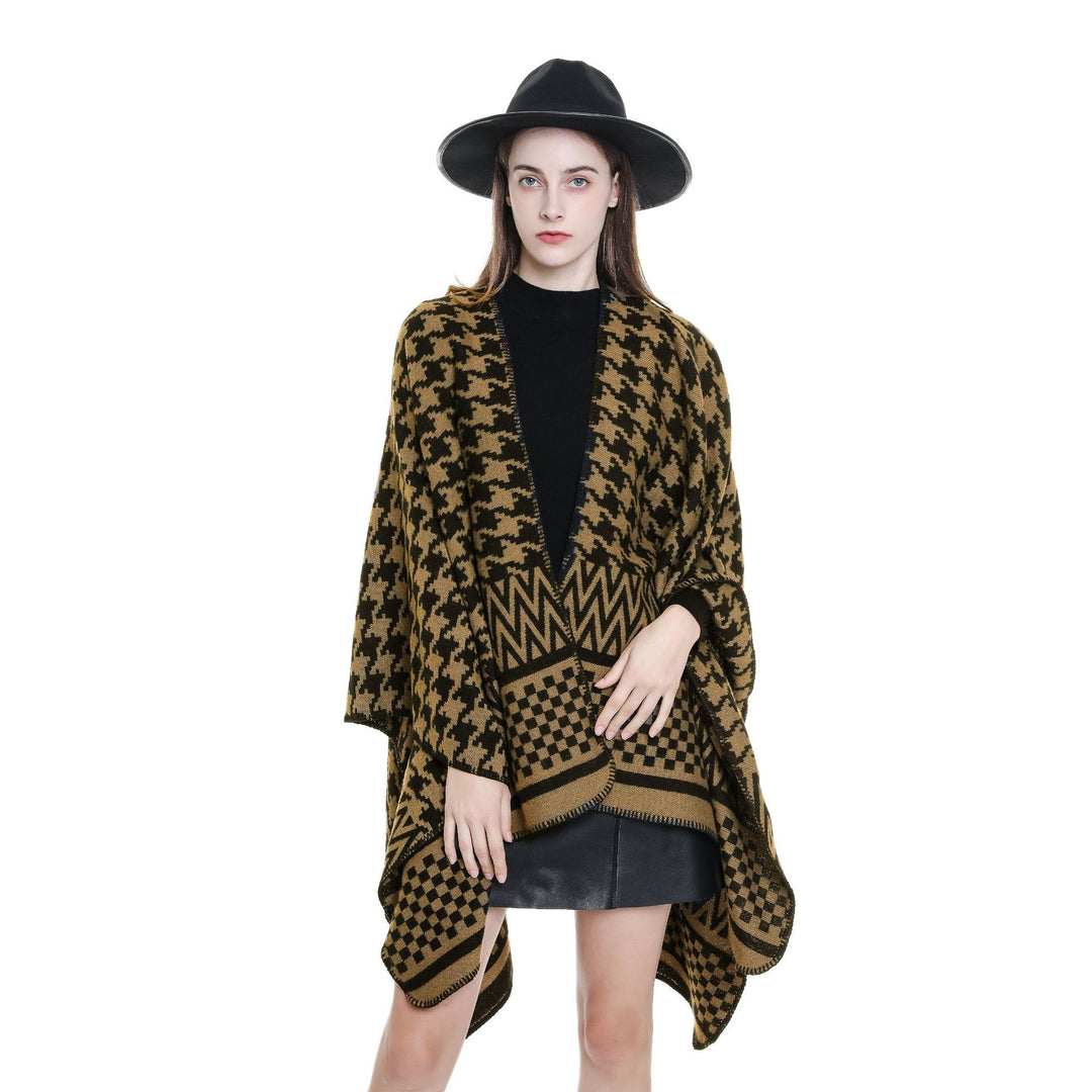 Women's Jacquard Cape Poncho with Houndstooth and Geometric Pattern Mune Fashion