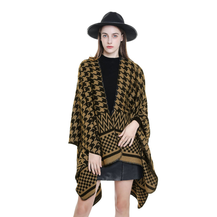 Women's Jacquard Cape Poncho with Houndstooth and Geometric Pattern Mune Fashion