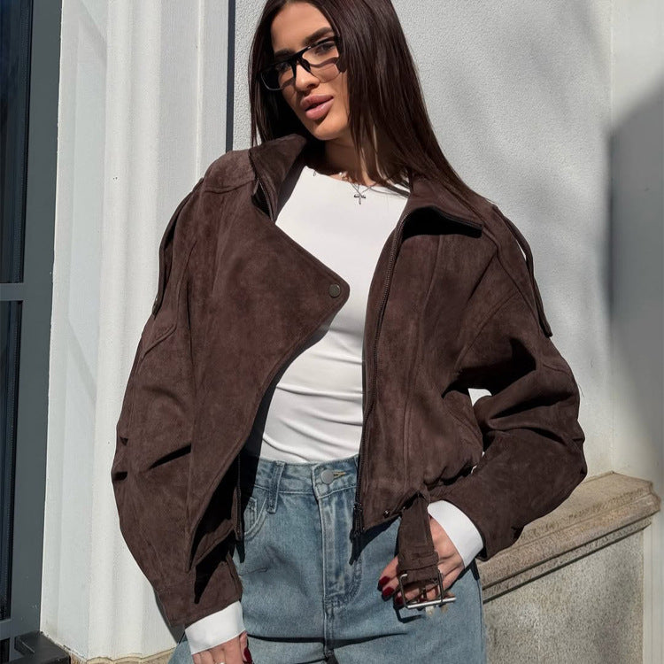 Ladies short-cut suede bomber jacket with belt & oversized sleeves Mune Fashion