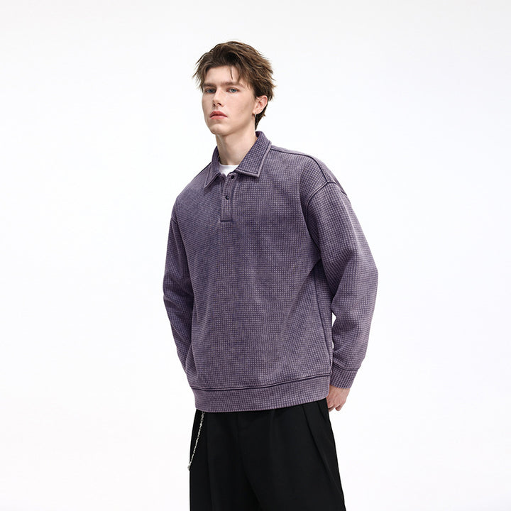 Men's waffle texture polo shirt sweater with collar and concealed button placket Drune