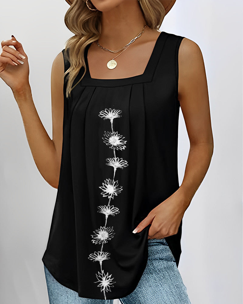 Women's sleeveless long top with square neckline, pleated yoke and central floral print Mune Fashion