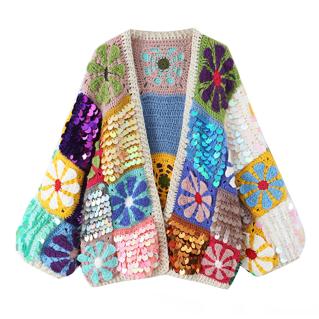 Women's playful crochet patchwork cardigan with sequins and flower appliqués Mune Fashion
