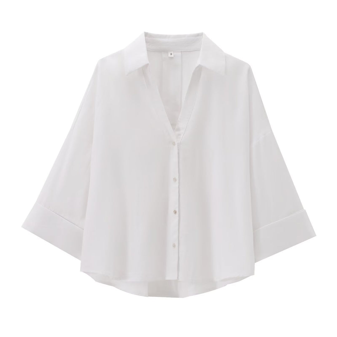 Women's Oversize Viscose Blouse with Three-Quarter Sleeves and Extended Back Hem Mune Fashion