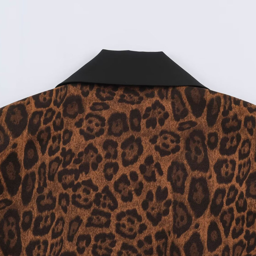 Women Double-Breasted Coat with Leopard Print and Satin Shawl Collar Mune Fashion